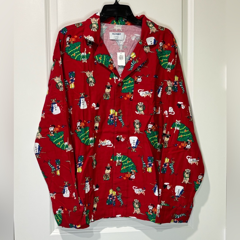 Old Navy Dog Cat Christmas Flannel Pajama Top Size Large NWT